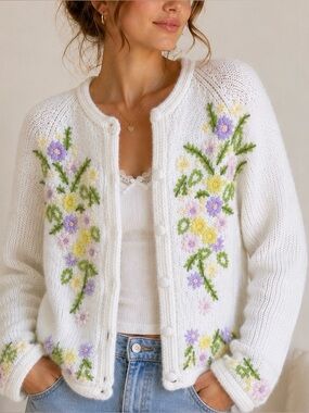 Vintage Floral Embroidered White Knit Cardigan Sweater SZ M